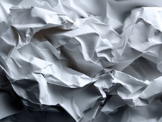 Crumpled white paper with multiple folds and creases creating an abstract texture. Light and shadow enhance the depth, making intricate patterns across the wrinkled surface