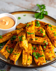 Roasted Corn Pieces with Spices and Creamy Sauce on Wooden Board
