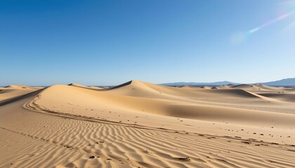 The image depicts a vast desert landscape characterized by large, rolling sand dunes under a clear blue sky