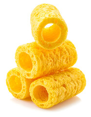 Three Golden Corn Puff Snacks Stacked on White
