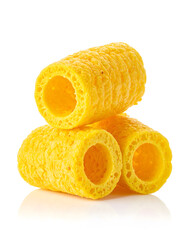 Yellow Corn Ring Snacks Isolated on White Background
