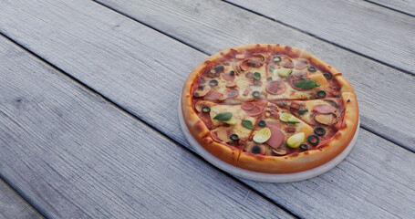 Pepperoni Pizza with Olives on Wooden Surface