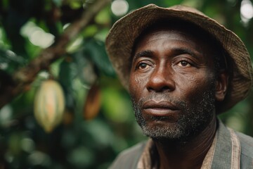 Wearing a hat, a man looks thoughtfully into the distance amidst a lush green garden. Blurred background features green and yellow leaves. His expression is pensive and serene