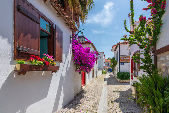 Sigacik, Turkey - May 21, 2018 : Sigacik Village street  view. Sigacik is populer tourist attraction in Turkey.