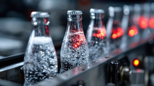 Rows of transparent glass bottles with sparkling liquid move along a production line, illuminated by soft red and blue lights. Carbonated bubbles are visible inside each bottle