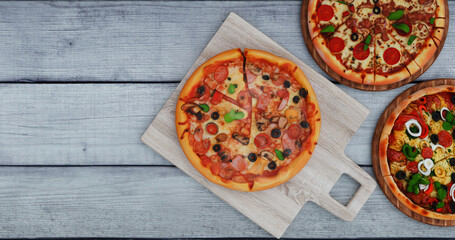 Assorted Pizza Selection on Wooden Boards