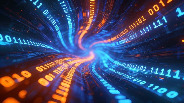 Binary code streaming through curved digital tunnel. Abstract visualization of high-speed internet and cyber security. Seamless loop