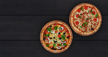 Classic Pizzas on Dark Wooden Background