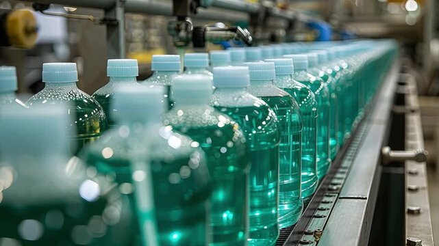 Clear bottles filled with green liquid are lined up on a conveyor belt in a factory. The production occurs in a busy environment with machinery around the workers