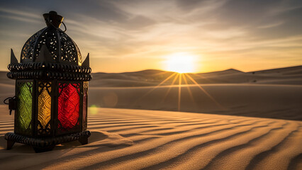 Ramadan lantern glowing in the desert sands at sunset, a symbol of spiritual reflection and tradition