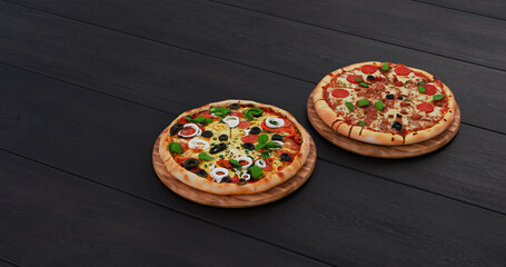 Two Assorted Pizzas on Wooden Board Dark Background 3D Render