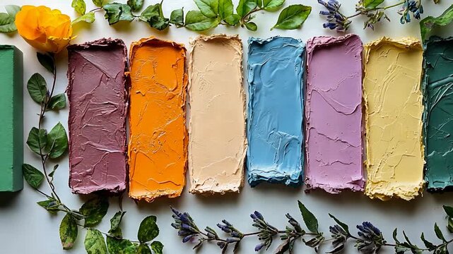 Overhead static shot: Makeup swatches palette with flowers and leaves on a white background.