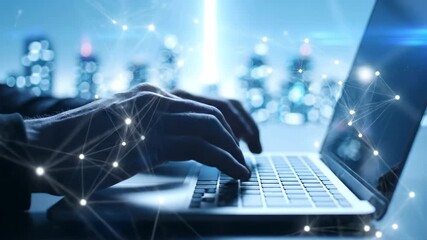 Hands typing on a laptop with a glowing network overlay and blurred city lights at night. - Powered by Adobe