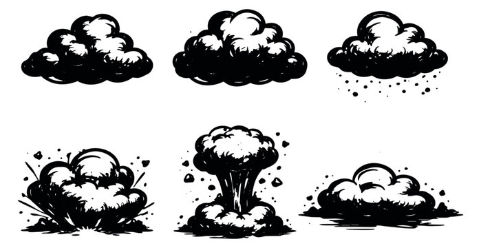 Hand drawn comic style cloud and explosion set featuring various smoke effects and a mushroom cloud for graphic design