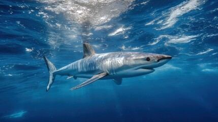 Obraz premium Graceful blue shark swimming underwater in clear ocean waters.