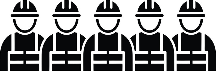 Construction Workers Team Silhouette Icon &ndash; Group of Industrial Laborers Wearing Safety Helmets in Solid Black Minimal Design