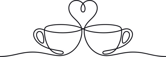 Continuous Line Coffee Cups with Heart Illustration &ndash; Minimal One Line Drawing of Two Cups Symbolizing Love, Coffee Time and Togetherness