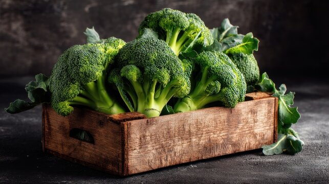 Fresh green broccoli in rustic wooden box on dark background.