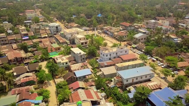  Futuristic aerial view panorama of developing Yangon city , Aerial view of Sule pagoda in downtown, Yangon, Myanmar. Sule Pagoda located in the heart of Yangon, Karaweik royal barge, Kandawgyi Lake, 