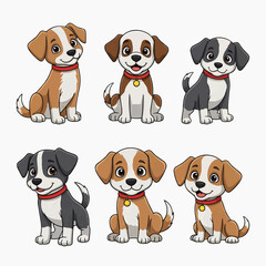 Fototapeta premium Cute Puppy Cartoon Characters Set with Red Collars and Tags