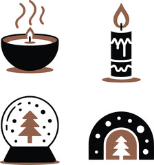 Cozy Winter and Holiday Icon Set &ndash; Candle, Warm Light, Snow Globe and Christmas Tree Symbols in Minimal Flat Design