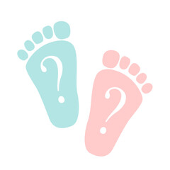 Baby foot blue and pink footprints with a question marks. Baby gender reveal party design element. Vector icon illustration.