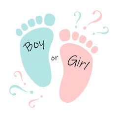 Baby foot blue and pink footprints with a question marks. Baby gender reveal party design element. Vector icon illustration.