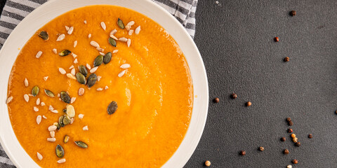 Cream soup vegetable dish first course tasty snack fresh gourmet food background on the table...