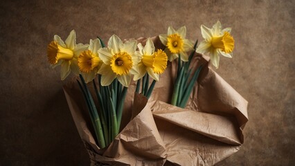 Two daffodil bouquets wrapped in kraft paper on rustic background