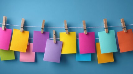 Colorful paper notes hanging on clothesline with wooden clips.