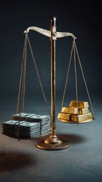 Gold Bars Outweighing Dollar Bills on Scale