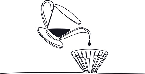 Minimal One Line Pour Over Coffee Illustration &ndash; Continuous Line Drawing of Dripping Coffee Cup and Filter Brewing Method in Modern Style