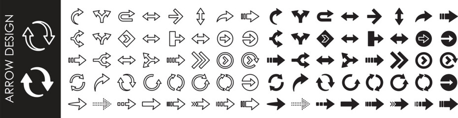 Collection of various black and white arrow icons and symbols for design and navigation on white background