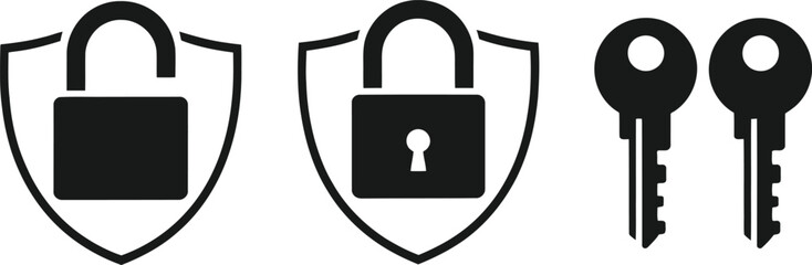 Security Lock and Shield Icon Set &ndash; Padlock Protection, Privacy Safety and Key Symbols in Solid Black Minimal Design