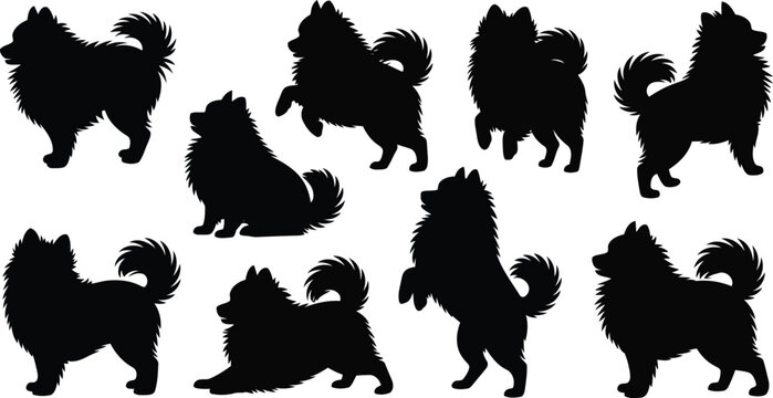 A set of nine charming black fluffy dog silhouettes in diverse poses for pet lovers