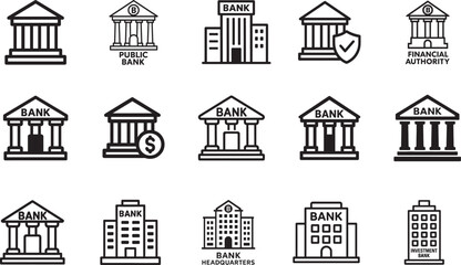   Bank building outline icon set for financial institutions, savings, investment, credit, and payment UI.