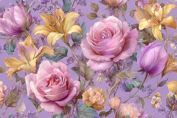 Elegant, chic, vintage watercolor seamless repeating pattern featuring roses, tulips, daffodils, lilies, wildflowers