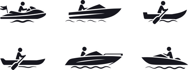 Water Sports and Boating Silhouette Icon Set &ndash; Jet Ski, Motorboat and Kayak Activities on Water in Black Minimal Design