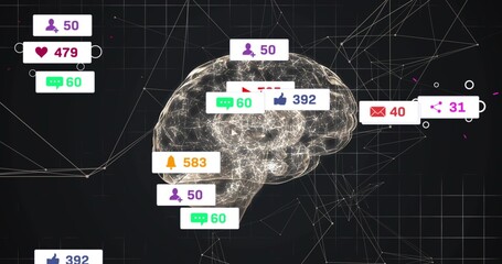 Displaying glowing wireframe brain pulsing with linked nodes in virtual mesh, showing alert badges
