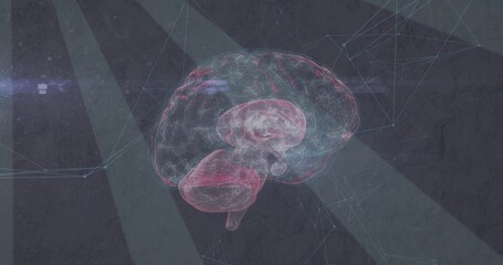 Projecting translucent holographic brain floating over dark textured plane, showing network nodes