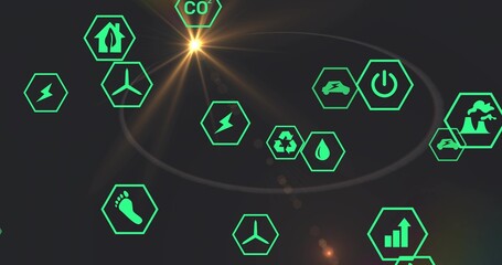 Glowing neon hex icons orbiting dark digital field, with wind turbine, CO2, leaf, lens flare