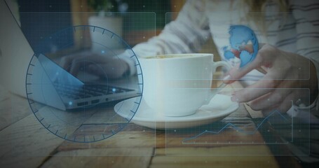 Sitting white ceramic coffee cup on table in cafe, laptop, woman-striped-top grasping saucer, HUD