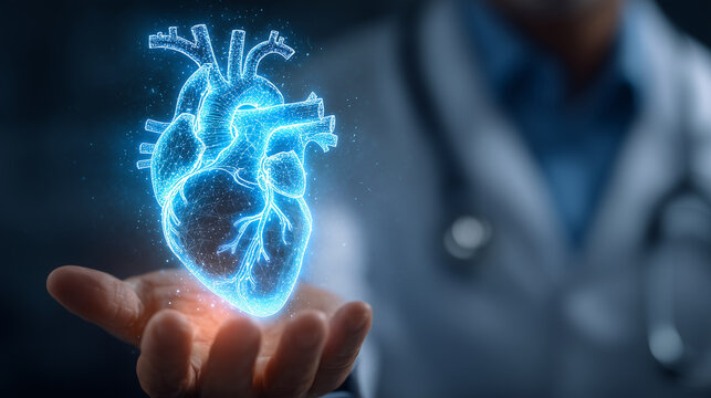 Doctor holding holographic human lymphatic and heart