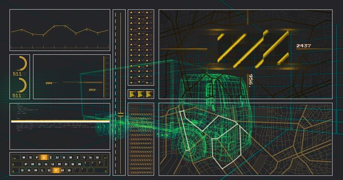 Rendering wireframe vehicle with dotted polyhedral cube on control console, showing line charts - Powered by Adobe