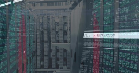 Streaming code overlaying central server racks in data center aisle, showing File  ENCRYPTION