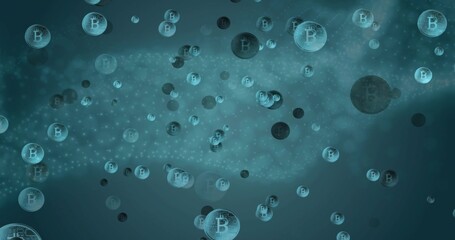 Floating clear Bitcoin spheres bearing B logos and circuits in dark teal backdrop, dotted node flow