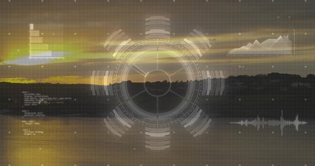 Displaying central HUD reticle covering lake sunset, showing grid, charts, treeline, lensflare