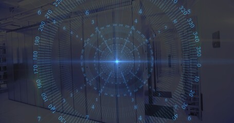 Projecting translucent blue circular holographic HUD in data center aisle, showing blue LEDs, racks