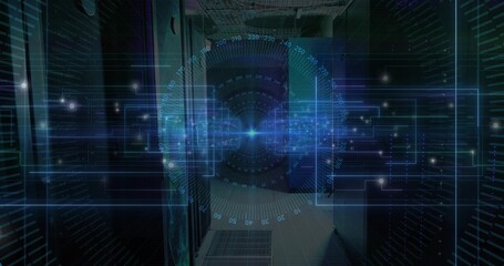Naklejka premium Projecting central holographic gauge overlaying data center corridor, with server racks