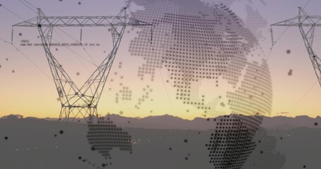 Standing lattice transmission tower spanning power lines across valley at dusk, with globe overlay